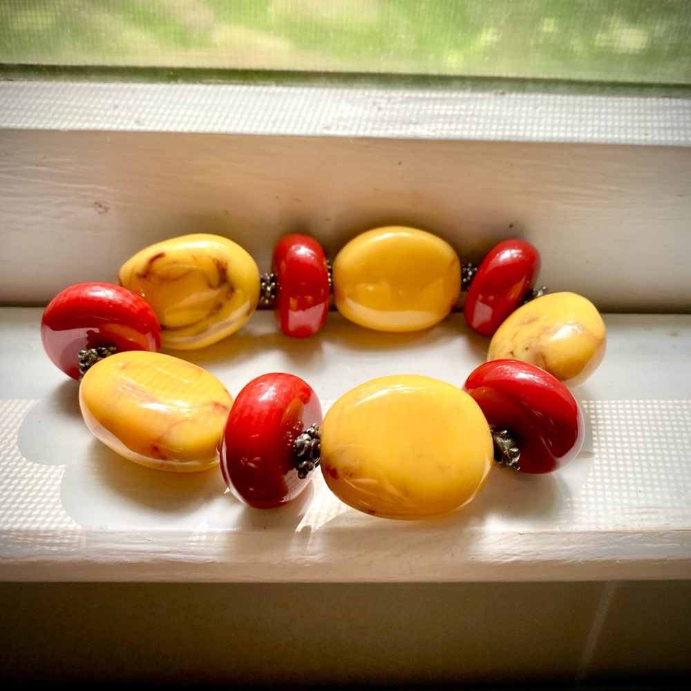 Boho Chunky Red and Yellow Beaded Bracelet